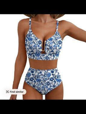Blue Floral High-Waist Bikini Set - Aleumdr Floral High Waisted Bikini